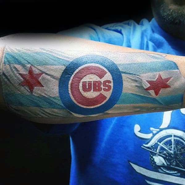 Male Cool Chicago Cubs Chicago Flag Outer Forearm Tattoo Ideas