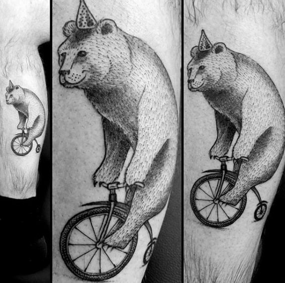Male Cool Circus Bear On Unicycle Leg Tattoo Ideas