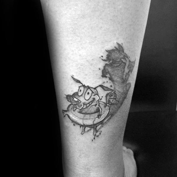 Black and grey tattoo of Courage the Cowardly Dog wearing a floatie, running from a dark, ghostly shadow on the lower leg.