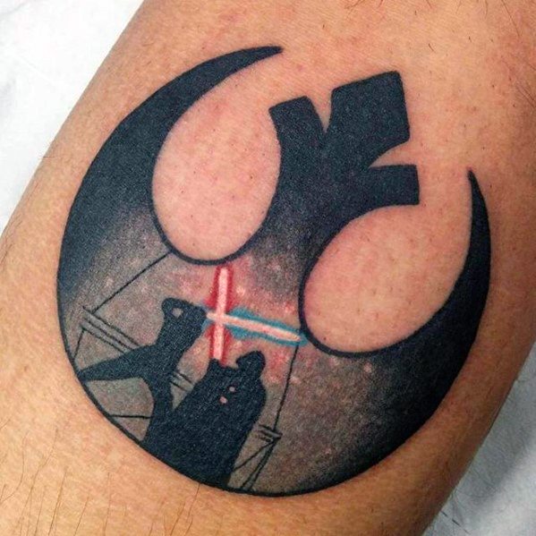 Tattoo of the Rebel Alliance symbol with two characters wielding lightsabers inside it