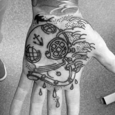 Male Cool Diving Helmet Tattoo Ideas On Palm Of Hand