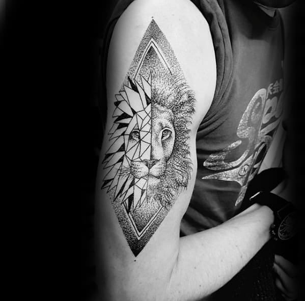 Male Cool Dotwork Arm Geometric Lion Tattoo Ideas