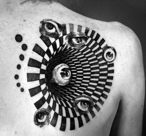 Tattoo of a hypnotic spiral tunnel with multiple realistic eyes embedded in its path, creating a surreal and mind-bending illusion.