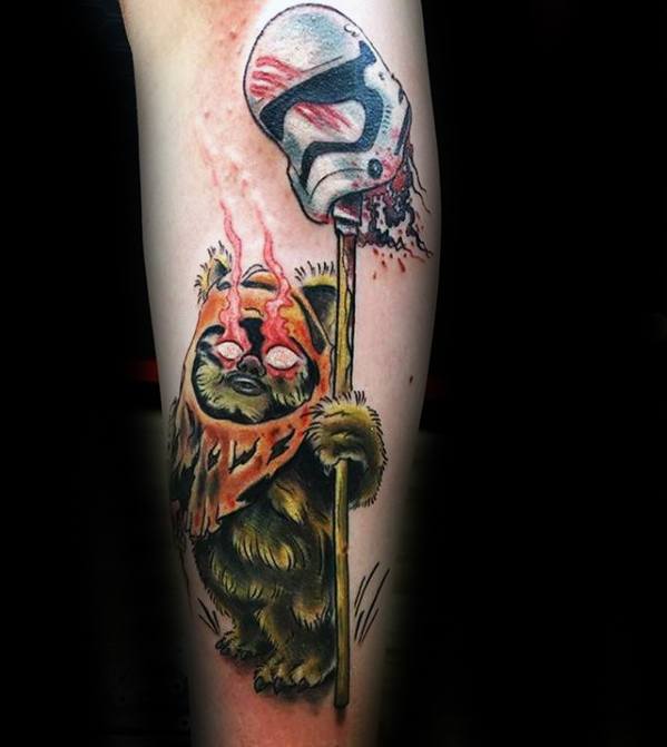 Fierce Ewok tattoo with glowing eyes, holding a spear topped with a bloody Stormtrooper helmet, surrounded by fiery orange accents.