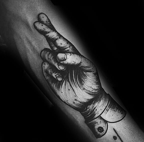Male Cool Fingers Crossed Tattoo Ideas Detailed Black And Grey Ink Forearms