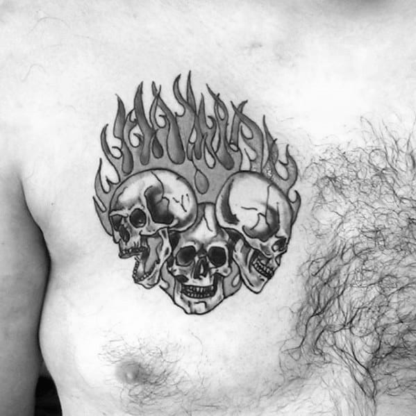 Male Cool Flaming Skulls Upper Chest Tattoo Ideas
