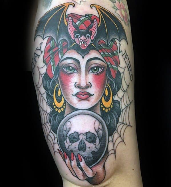 Male Cool Fortune Teller With Skull Crystal Ball Tattoo Ideas