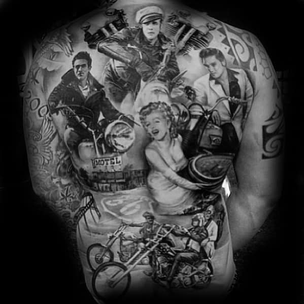 Full back tattoo collage in black and grey featuring James Dean on a motorcycle, vintage motel signs, and a central pin-up style woman.