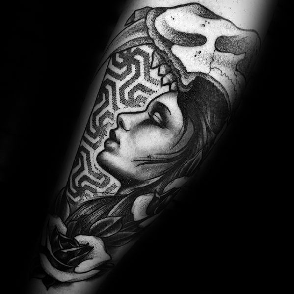Male Cool Geometric Female Portrait With Animal Skull Forearm Tattoo Ideas