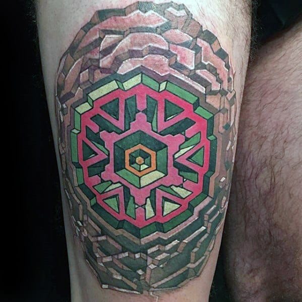 Male Cool Geometric Thigh 3d Leg Tattoo Ideas