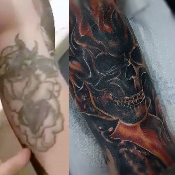 Before and after Ghost Rider tattoo transformation, showing a faded design turned into a vivid flaming skull with bold fire and shadow effects.