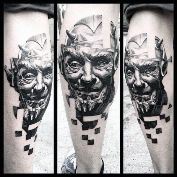 Glitch tattoo of a devilish figure with pixelated fragments and geometric distortions, combining realism and abstract digital breakdown