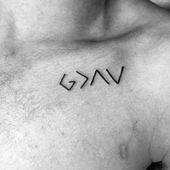Chest tattoo featuring the "God is greater than the highs and lows" symbol in bold minimalist black lines