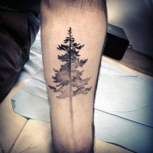 Realistic black and grey tattoo of a pine tree with a soft gradient fade down the trunk, placed vertically on the back of the leg.