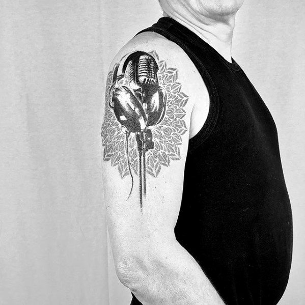 Male Cool Headphones Tattoo Ideas With Geometric Pattern On Upper Arm