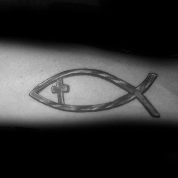 Male Cool Ichthus Tattoo Ideas With Cross On Inner Forearm