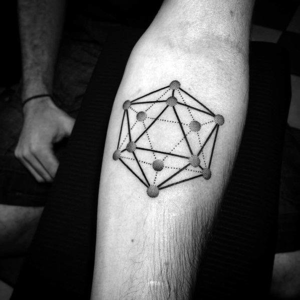 Minimalist icosahedron tattoo with dotted and solid lines connecting shaded spheres, giving a molecular or 3D wireframe effect.
