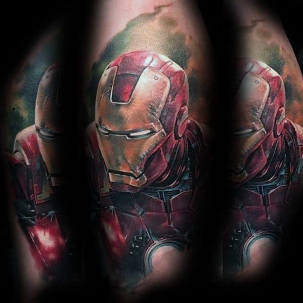 Iron Man tattoo featuring a detailed, realistic depiction of his helmet, with rich shading and vibrant colors that emphasize the metallic texture of his armor.