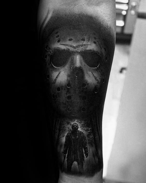 Male Cool Jason Mask Tattoo Ideas On Inner Forearm