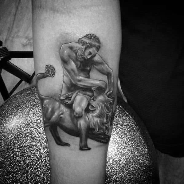 Male Cool Lion Statue Inner Forearm 3d Tattoo Ideas