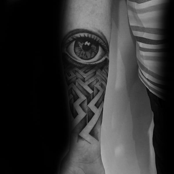 Male Cool Maze And 3d Realistic Eye Inner Forearm Tattoo Ideas
