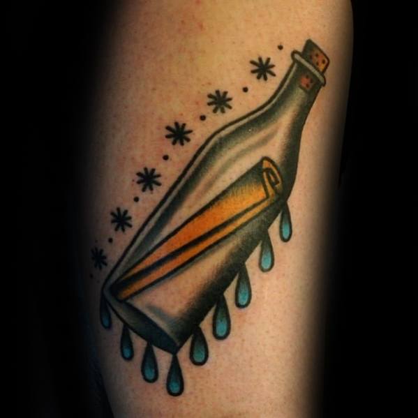Tattoo of a "Message in a Bottle" with stars and blue droplets