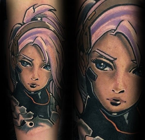Detailed tattoo of Sojourn from Overwatch, showcasing her intense gaze, pink hair, and futuristic armor on a man's forearm.