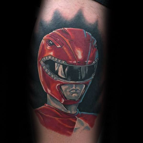 Realistic Red Ranger tattoo with intense facial expression, lifelike shading, and dramatic lighting for a powerful portrait effect.