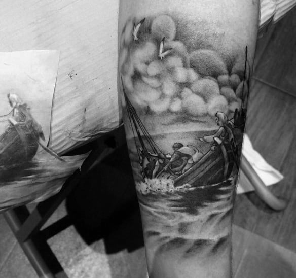 Male Cool Realistic Sinking Ship Forearm Tattoo Ideas