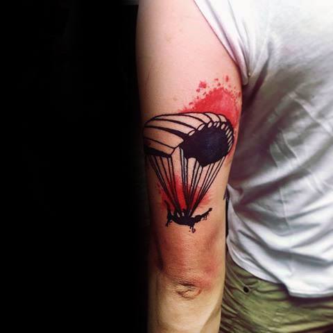Male Cool Red Watercolor Tricep Back Of Arm Parachute Tattoo Ideas