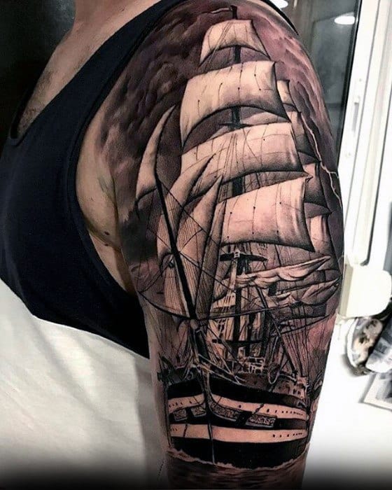 Male Cool Sailing Ship Sleeve Greatest Tattoo Ideas