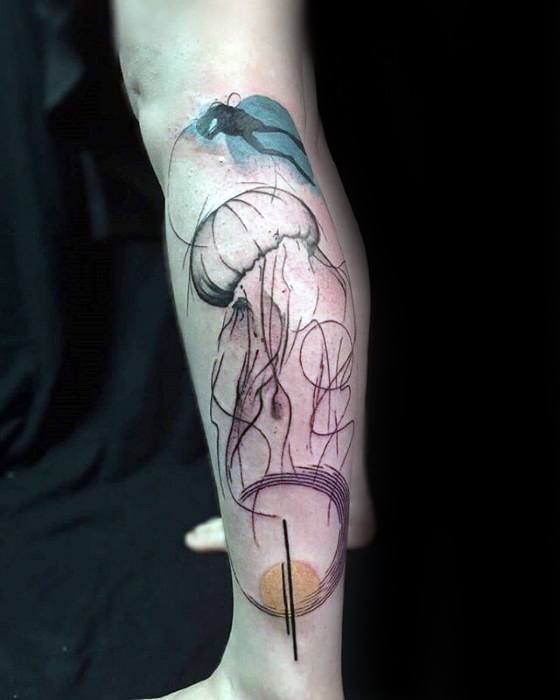 Abstract scuba diver and jellyfish tattoo with flowing linework, geometric shapes, and a splash of watercolor accents.