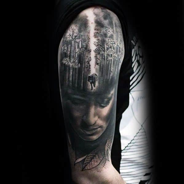 Male Cool Sick Wolf Walking In Forest With Portrait Morph Tattoo Ideas Half Sleeve
