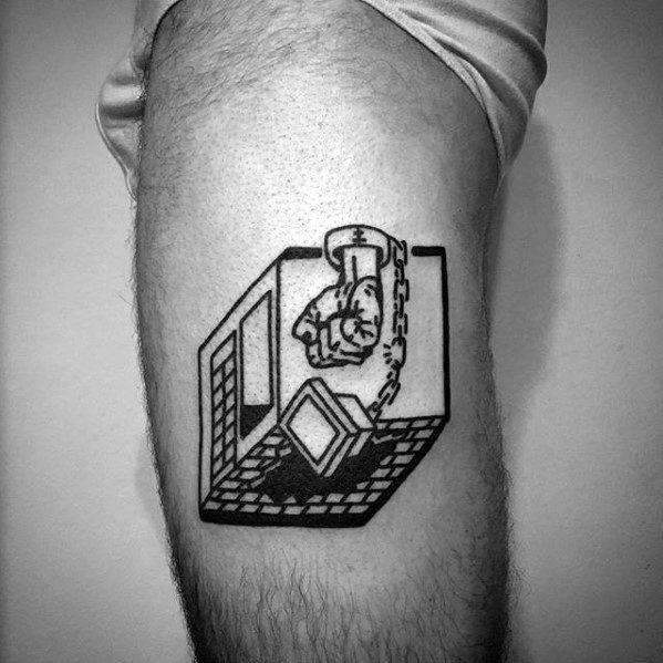Bold black line tattoo of a desktop computer with a fist punching through the screen, symbolizing rebellion or breaking free from tech.