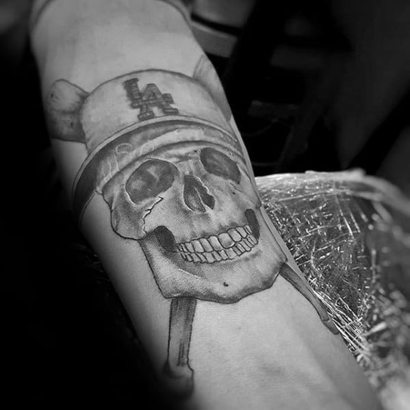 Male Cool Skull With Crossed Baseball Bats Dodgers Tattoo Ideas On Inner Forearm