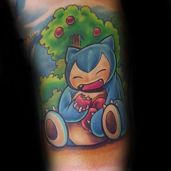 Vivid Snorlax tattoo under an apple tree, joyfully eating apples with a colorful background and detailed shading.