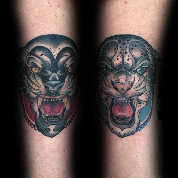 Matching snow leopard tattoos on both arms, with bold traditional style, vivid colors, and fierce expressions in mirrored symmetry.