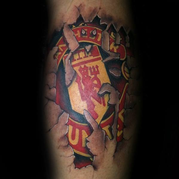 Male Cool Stone 3d Leg Calf Manchester United Tattoo Ideas