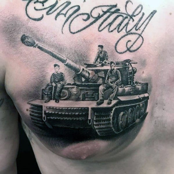 Black and grey chest tattoo of a WWII tank with five soldiers sitting on it, paired with elegant "In Italy" script above.