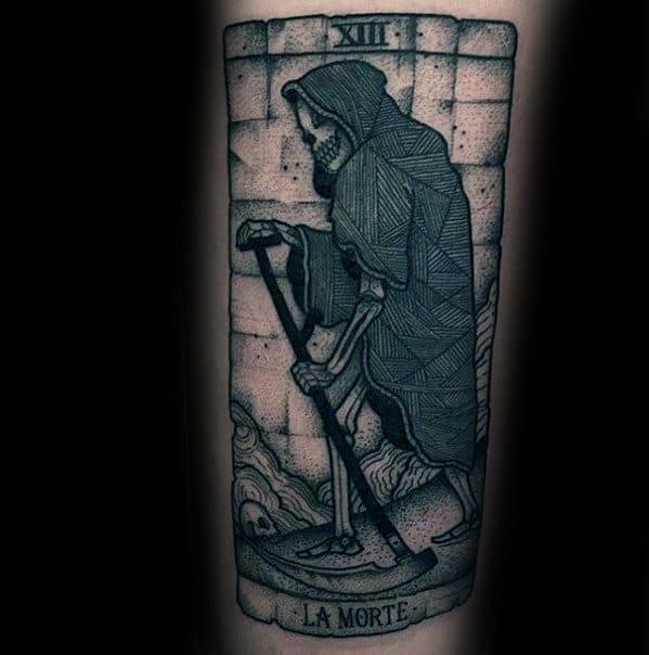 Male Cool Tarot La Morte Card Tattoo Ideas On Arm