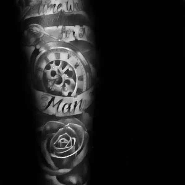 Black and grey tattoo with a detailed pocket watch, roses, and scroll banners reading Time Waits for No Man.