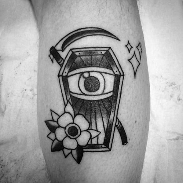 Male Cool Traditional Coffin Scythe Leg Calf Tattoo Ideas