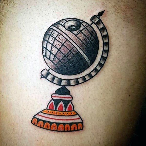 Tattoo of a stylized Death Star globe, resembling a futuristic planet design