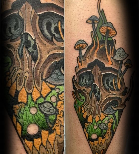 Colorful tattoo of a stylized skull blending into earthy textures with mushrooms, leaves, and abstract organic shapes in a pointed layout.
