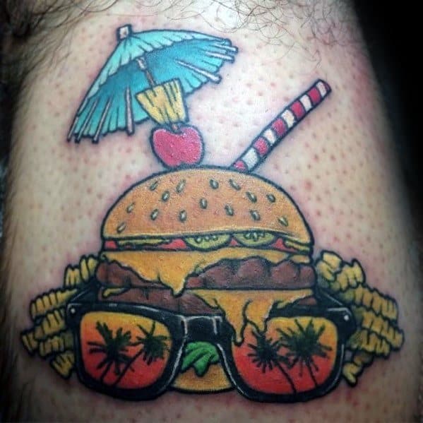 Cheeseburger tattoo design featuring sunglasses, fries, umbrella, cherry, straw, and vibrant colors