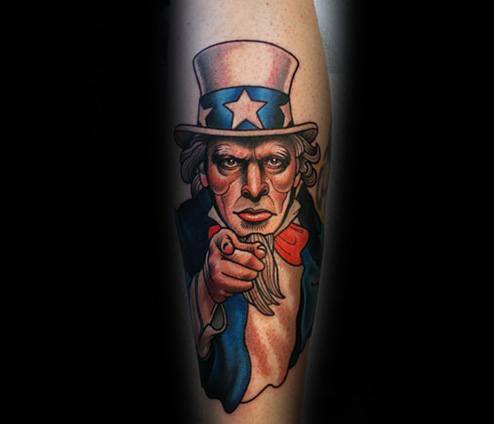 Bold traditional Uncle Sam tattoo in red, white, and blue, featuring his iconic pointing pose and intense gaze with clean linework.