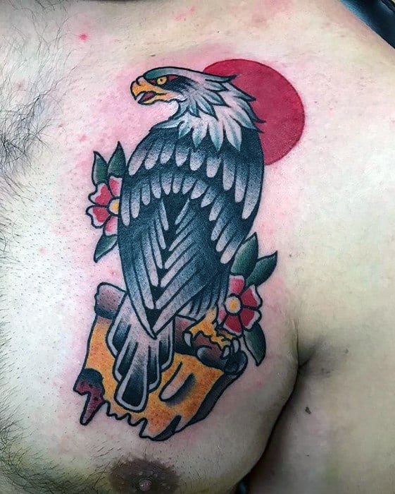 Male Cool Upper Chest Traditional Bald Eagle Pizza Tattoo Ideas