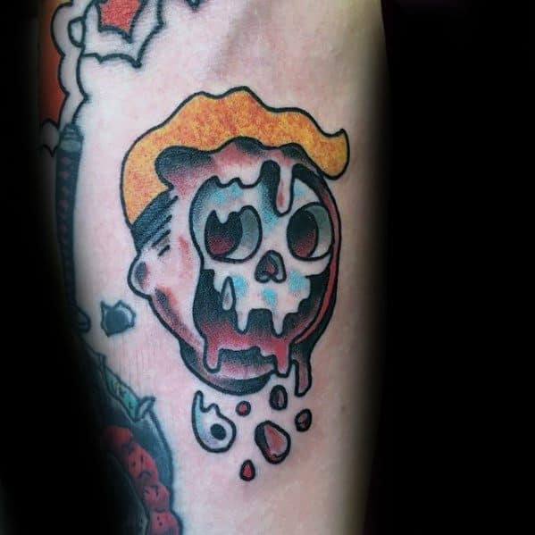Vault Boy-inspired skull tattoo with melting features and bold colors, blending Fallout charm with dark, edgy horror vibes.