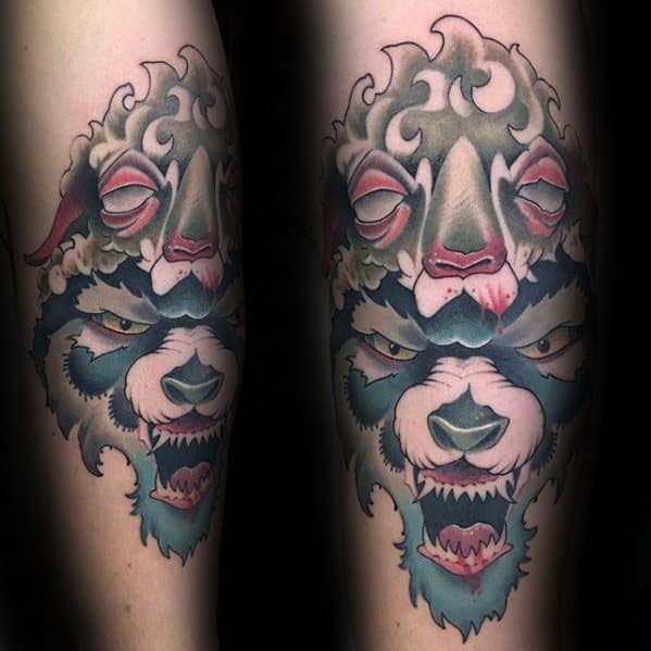 Male Cool Wolf In Sheeps Clothing Tattoo Ideas On Leg