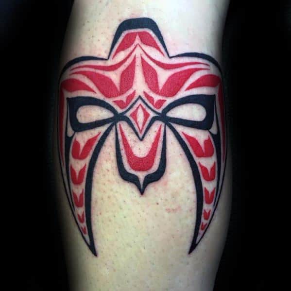 Male Cool Wrestling Tribal Mask Leg Calf Red And Black Ink Tattoo Ideas